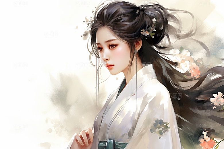 新中式美女艺术水墨插画