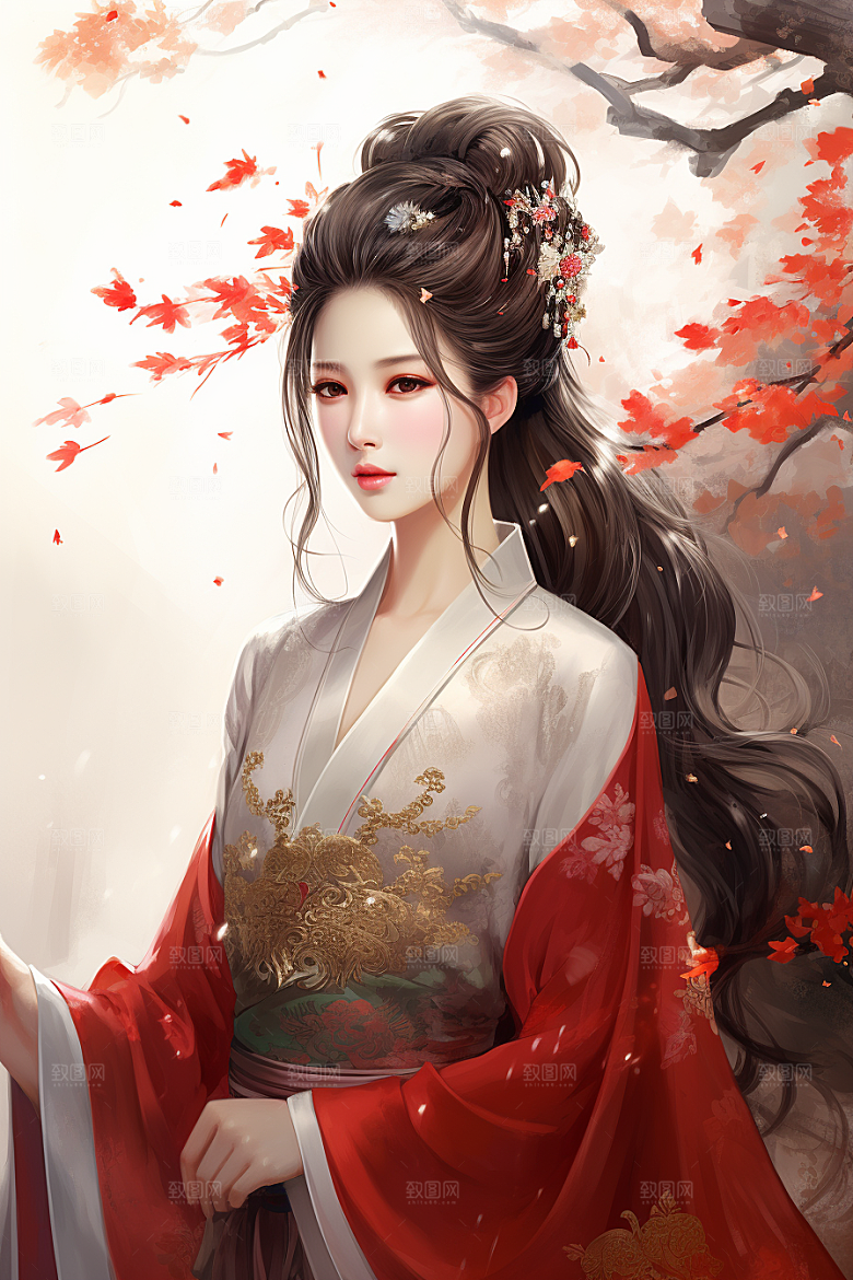 新中式美女高清水墨插画