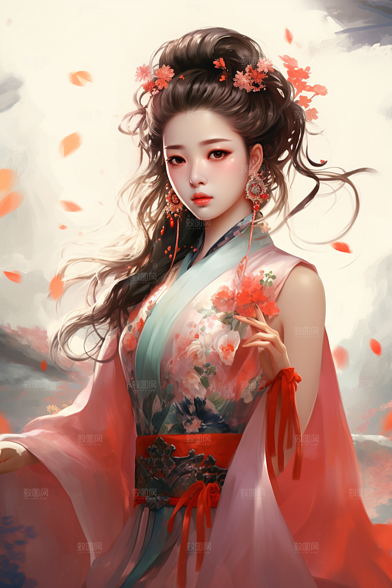 新中式美女温婉水墨插画