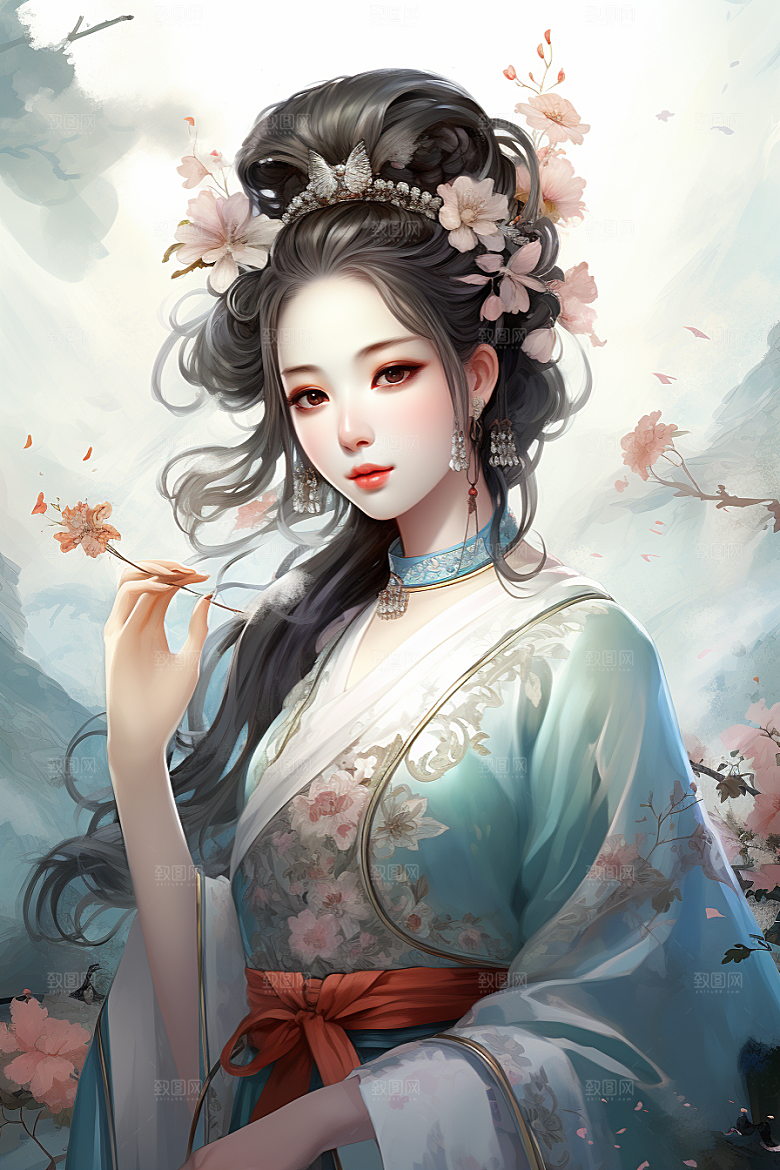 新中式美女水墨高清插画