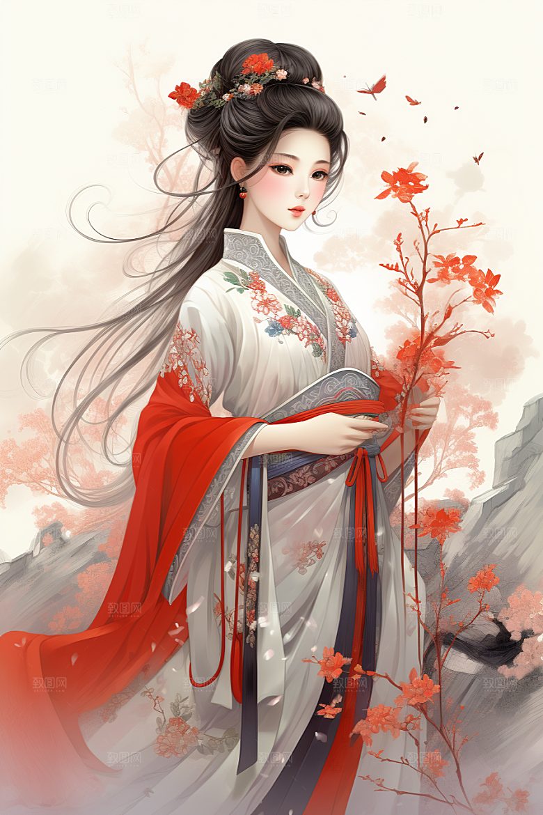 新中式美女水墨高清插画