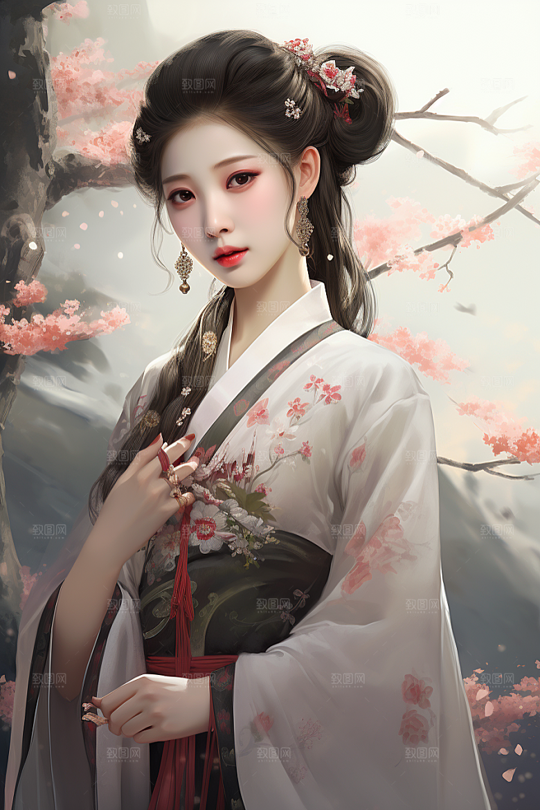 新中式美女水墨艺术插画