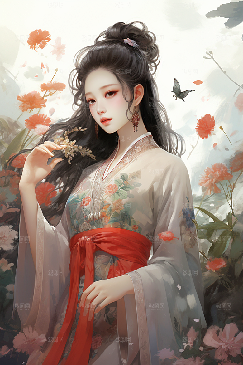 新中式美女中国风水墨插画