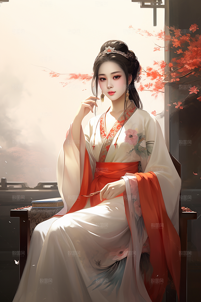 新中式美女手绘高清插画