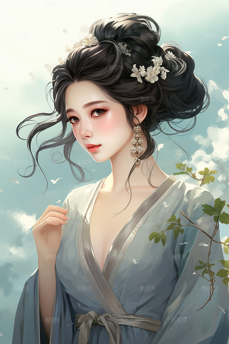 新中式美女温婉高清插画