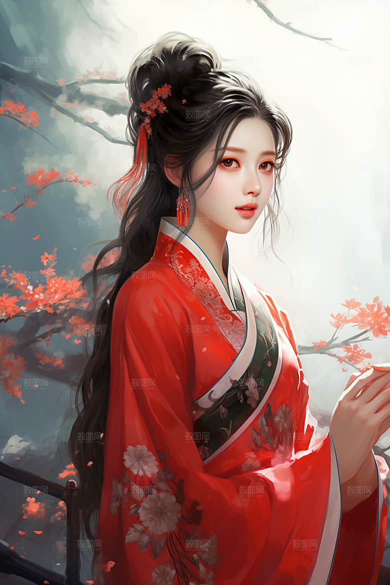 新中式美女中国风水墨插画
