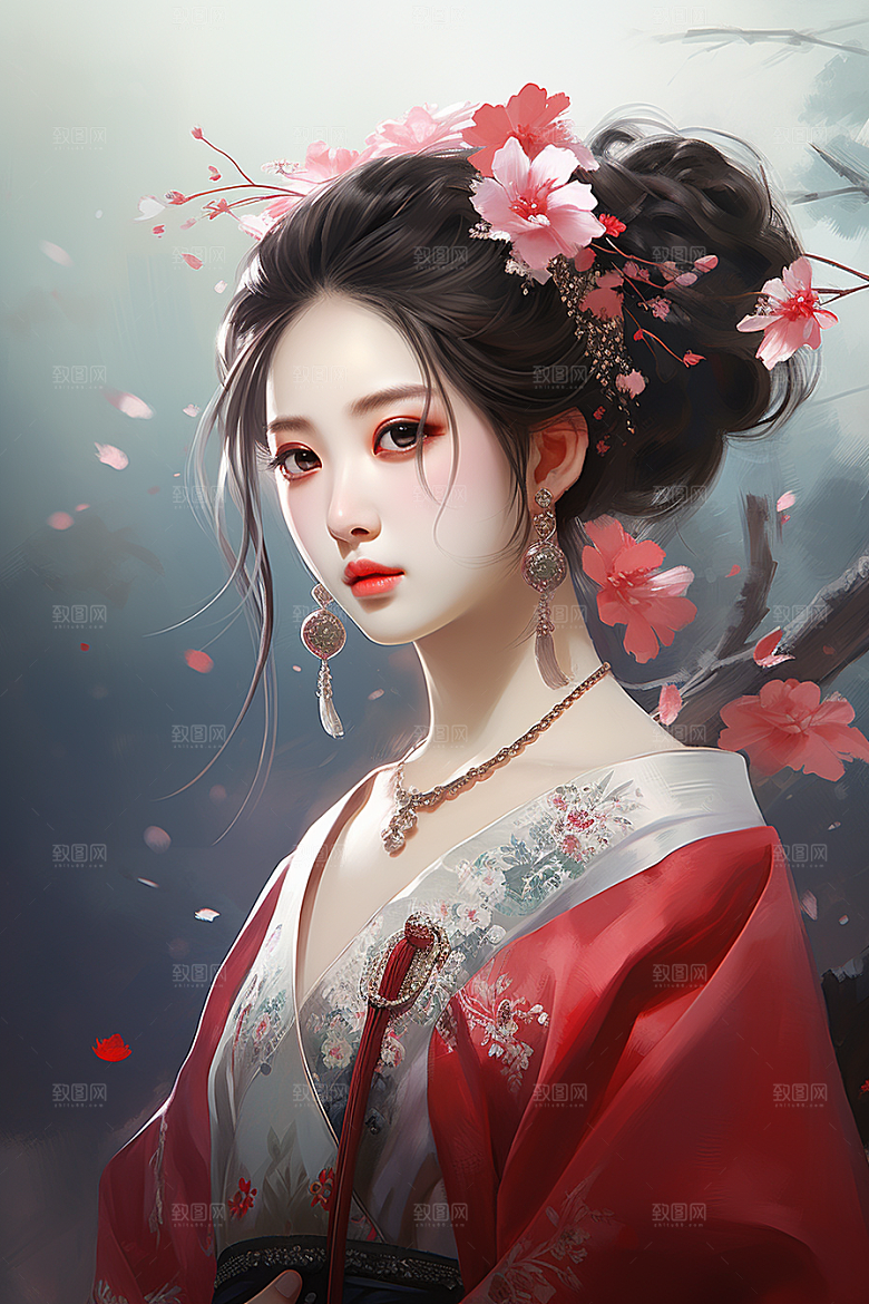 新中式美女文艺艺术插画