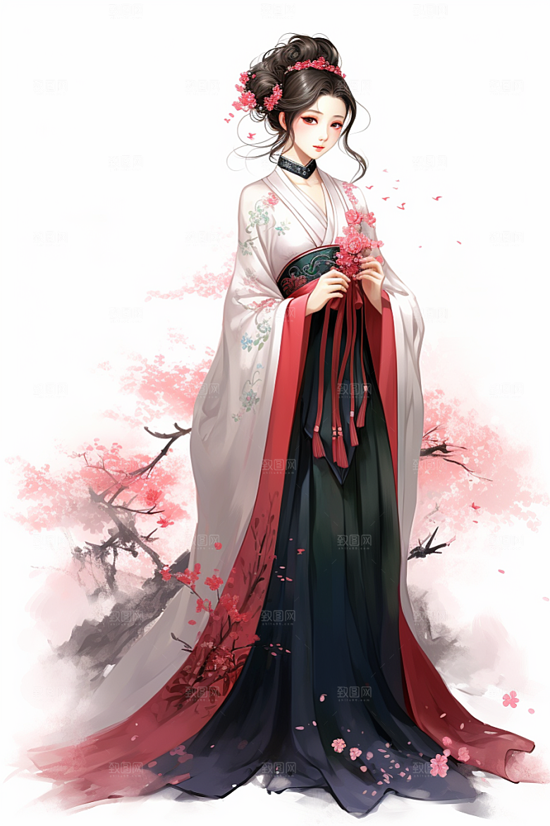新中式美女艺术水墨插画