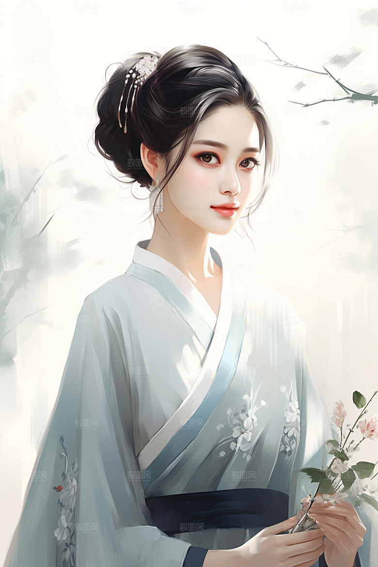 新中式美女艺术高清插画