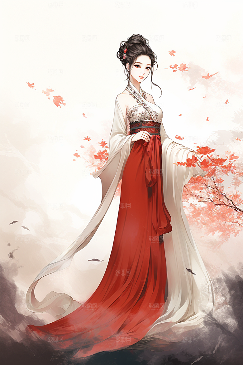 新中式美女唯美手绘插画