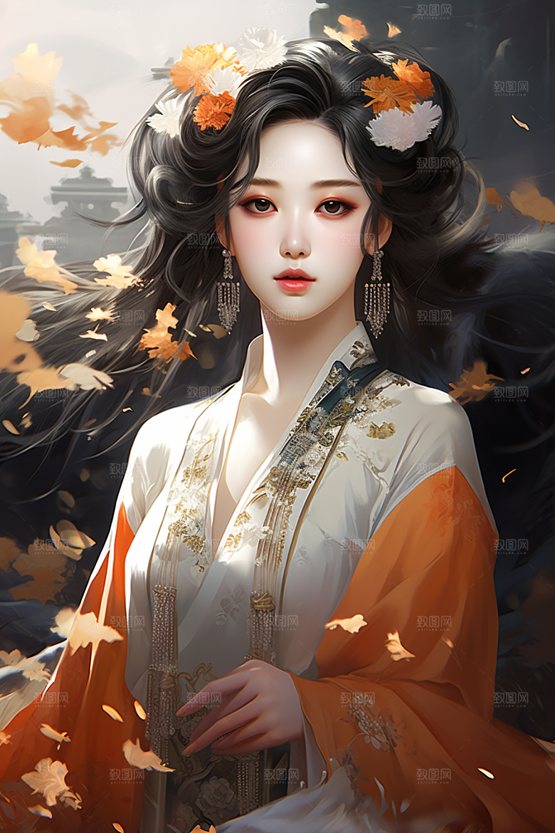 新中式美女水墨手绘插画