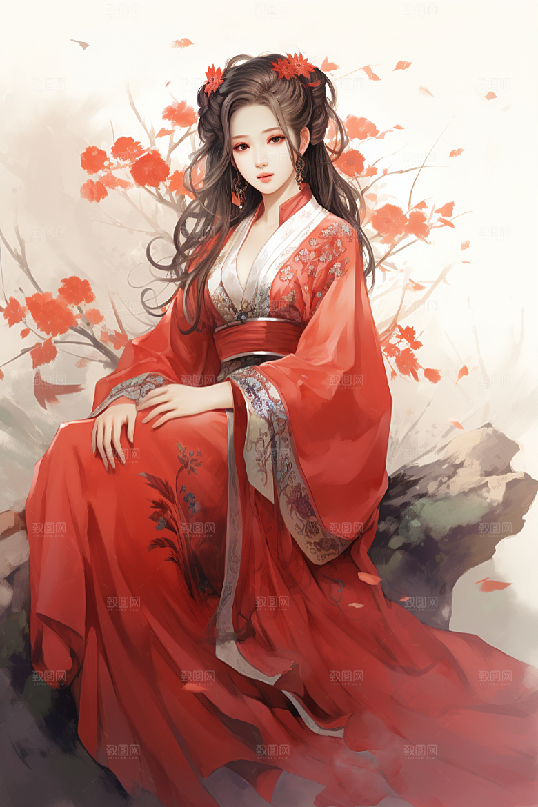 新中式美女艺术文艺插画
