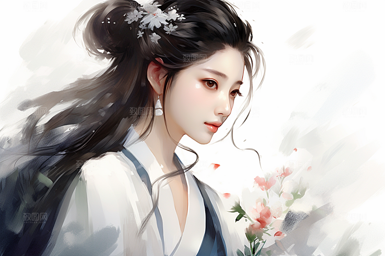 新中式美女高清水墨插画