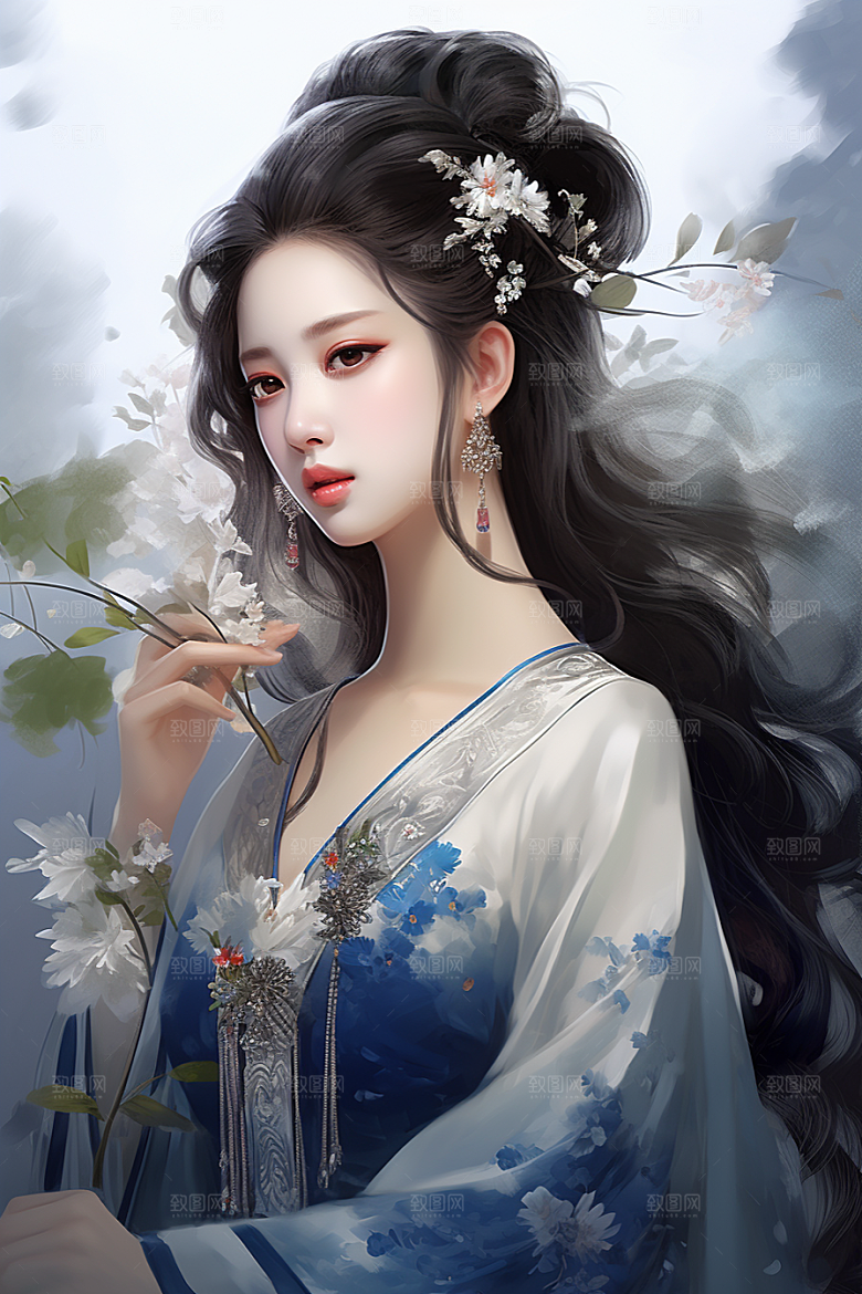新中式美女温婉手绘插画