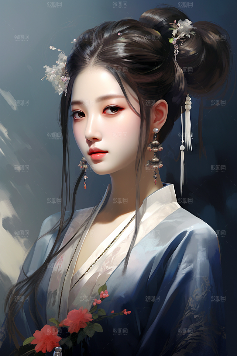 新中式美女水墨高清插画