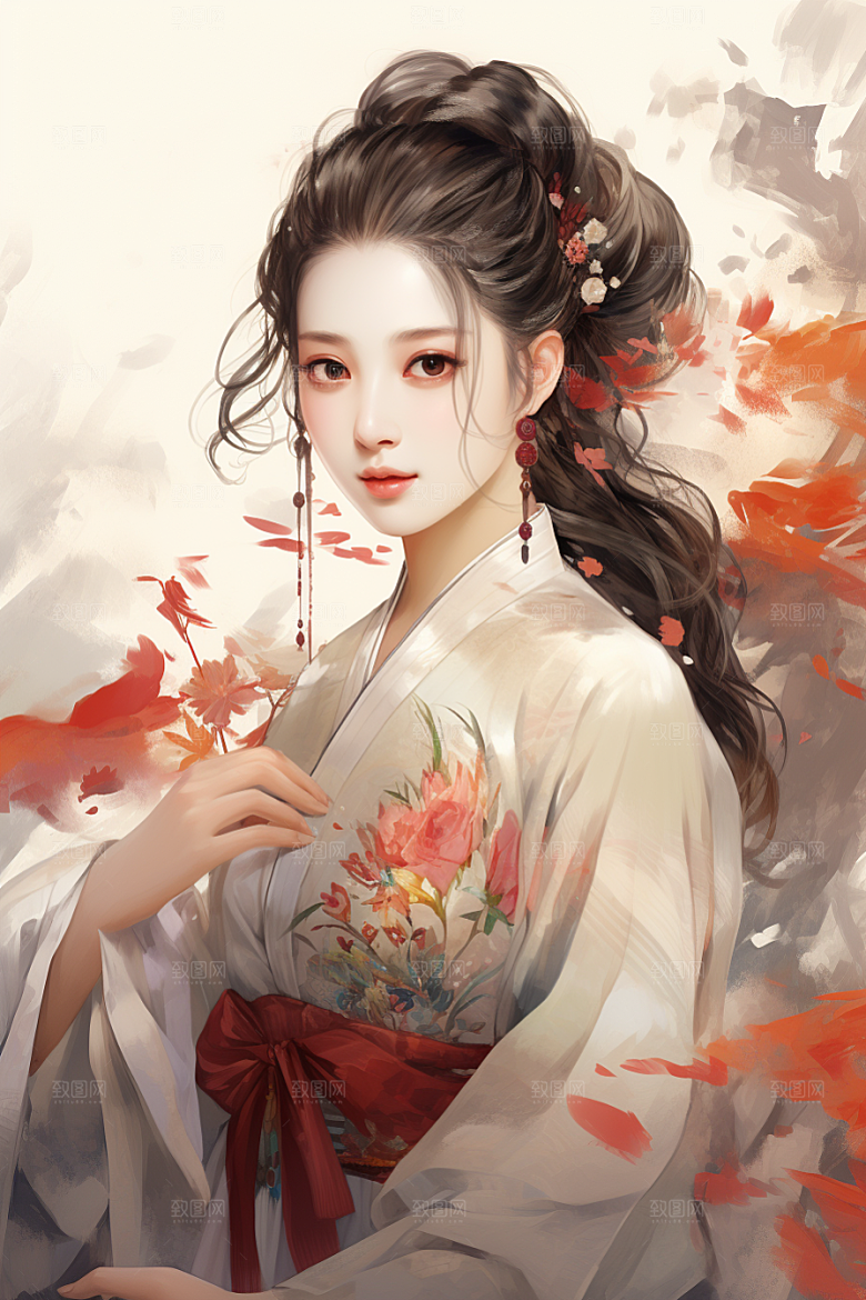 新中式美女温婉高清插画