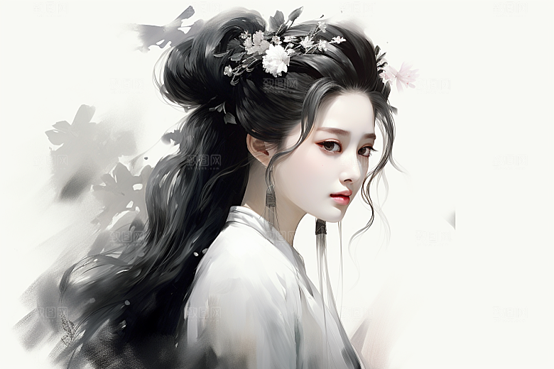 新中式美女水墨高清插画