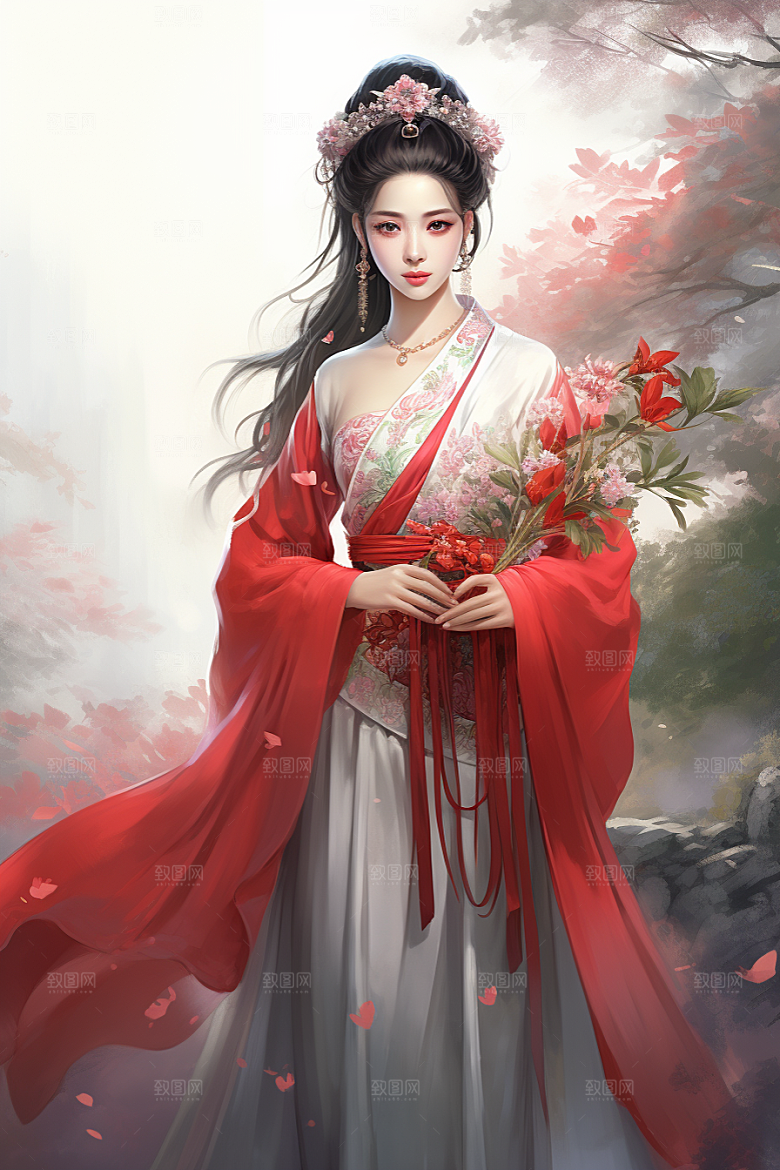 新中式美女中国风水墨插画