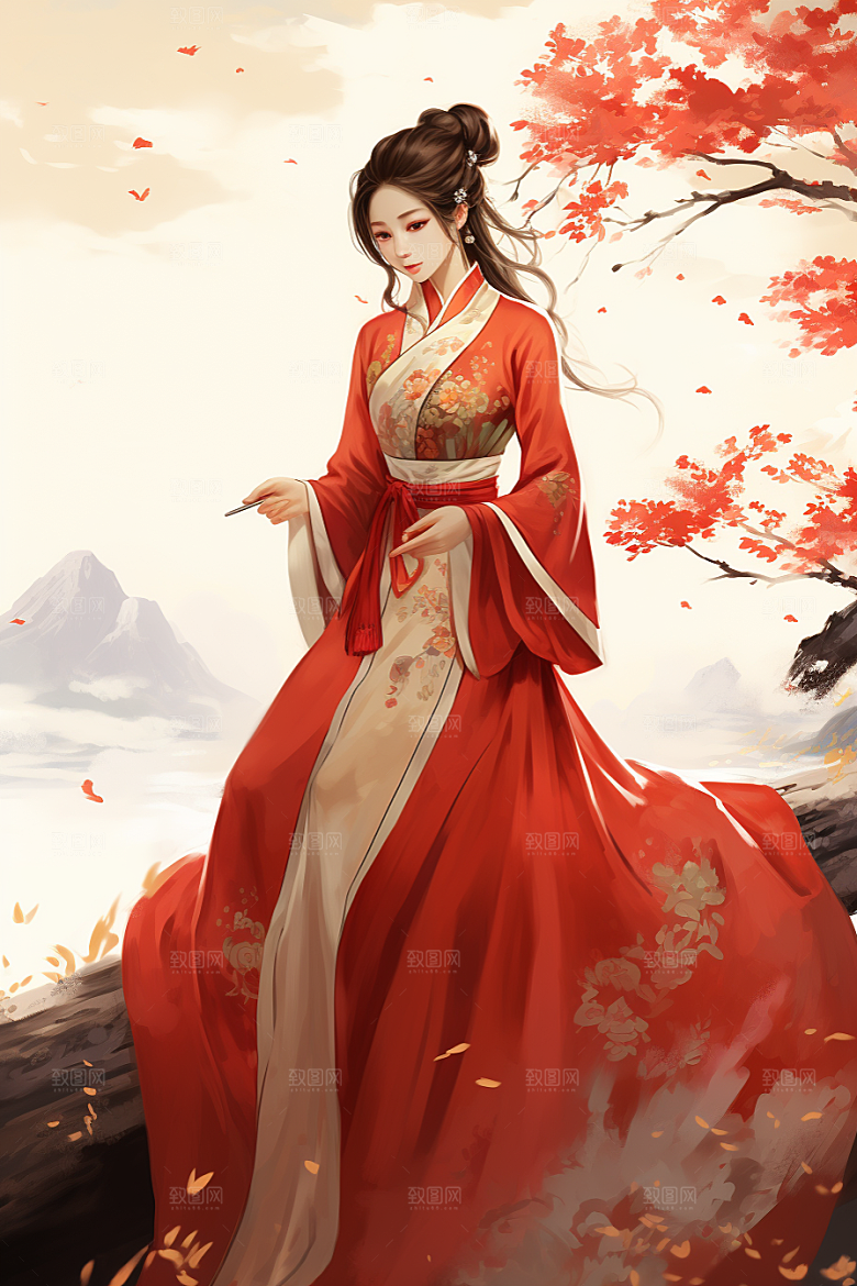 新中式美女文艺高清插画