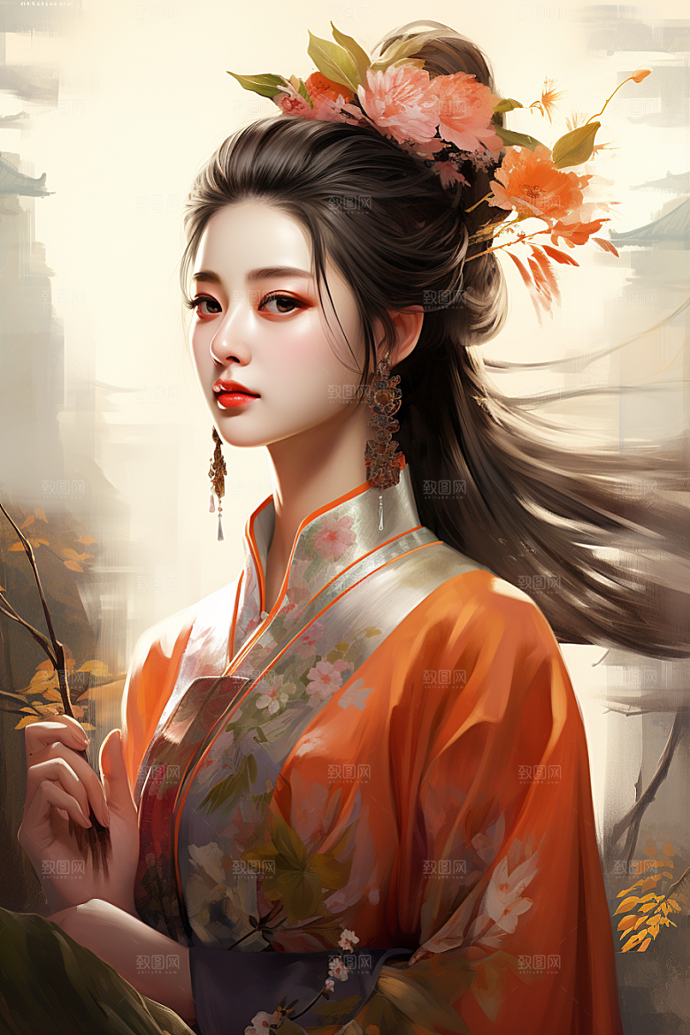 新中式美女唯美水墨插画