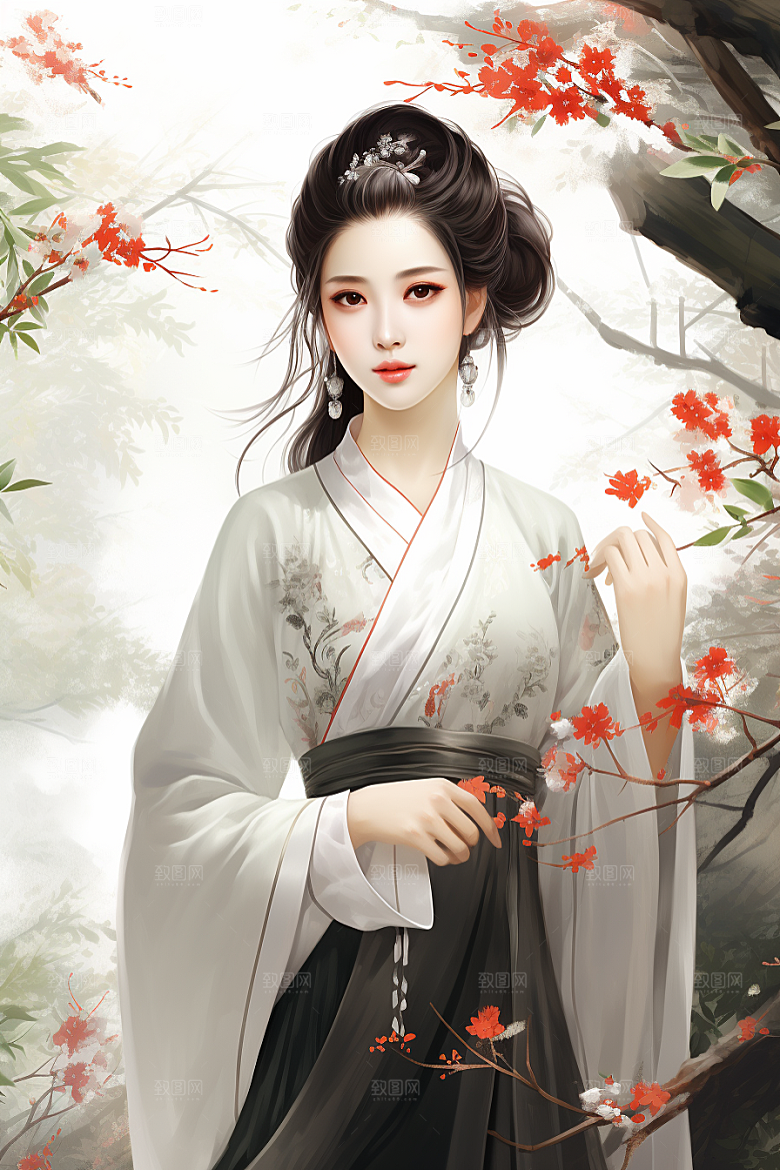 新中式美女文艺水墨插画