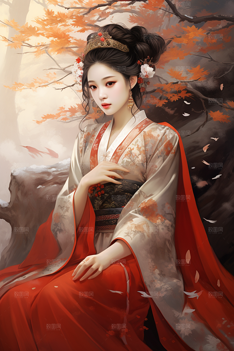 新中式美女温婉水墨插画