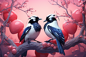 成双成对的喜鹊爱情象征中式模型
