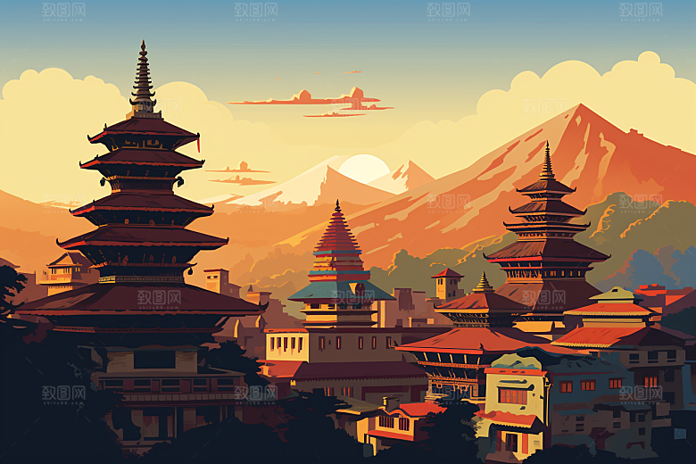 西藏风光旅游雪山插画