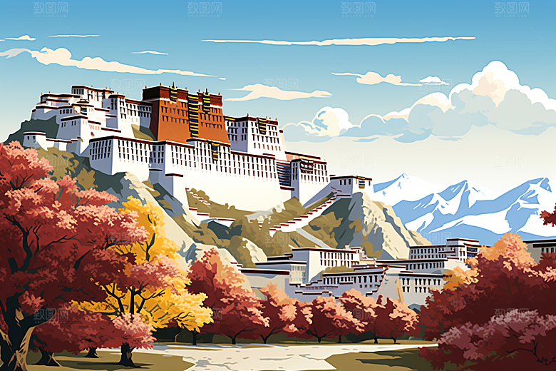 西藏风光风景手绘插画