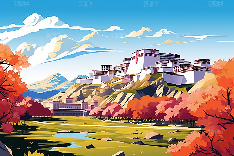 西藏风光青藏高原旅游插画
