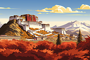 西藏风光雪山藏区插画