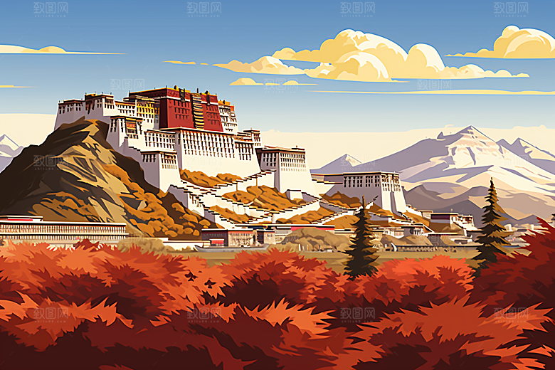 西藏风光雪山藏区插画