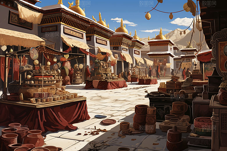 西藏风光风景手绘插画