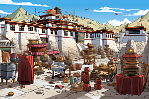 西藏风光旅游手绘插画