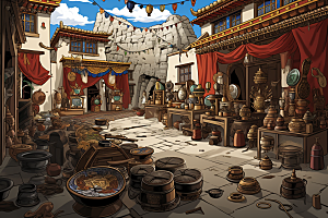 西藏风光人文旅游插画