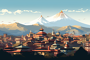 西藏风光青藏高原旅游插画