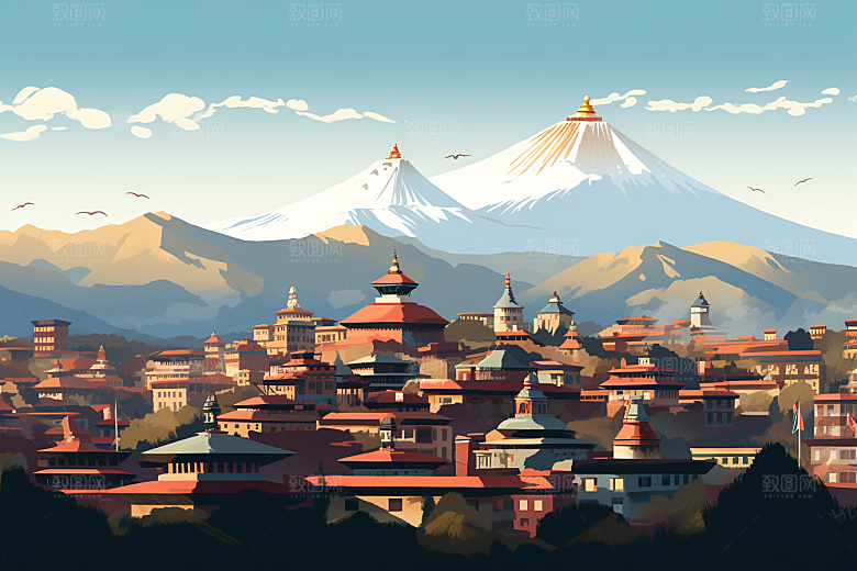 西藏风光青藏高原旅游插画