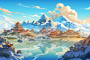 西藏风光风景雪山插画