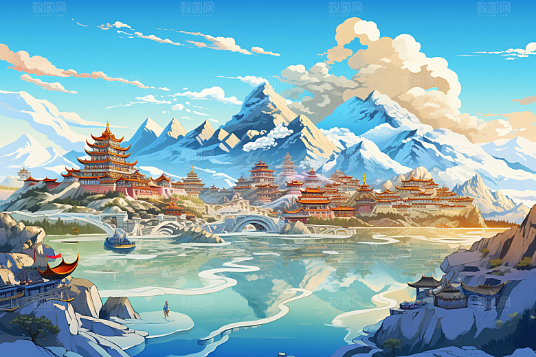 西藏风光风景雪山插画
