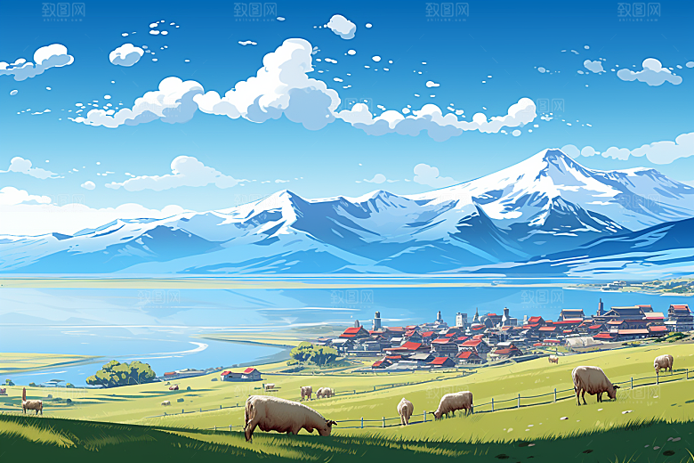 西藏风光青藏高原风景插画