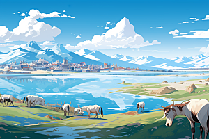 西藏风光旅游雪山插画