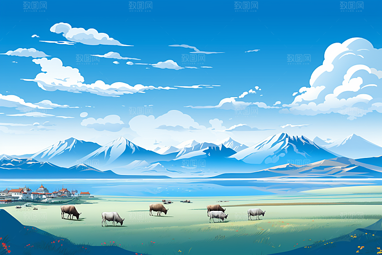 西藏风光雪山风景插画