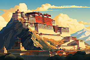 西藏风光青藏高原雪山插画