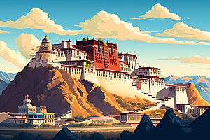 西藏风光手绘风景插画