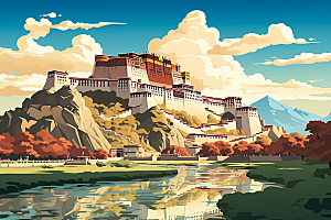 西藏风光青藏高原藏区插画
