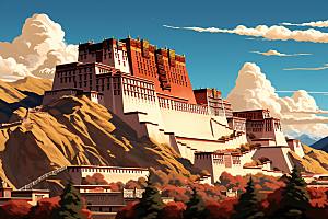 西藏风光人文藏区插画