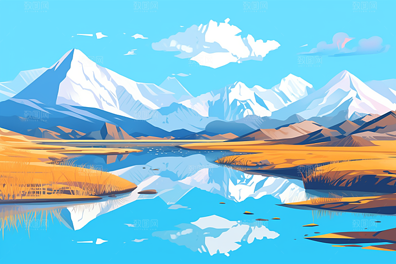 西藏风光高海拔风景插画