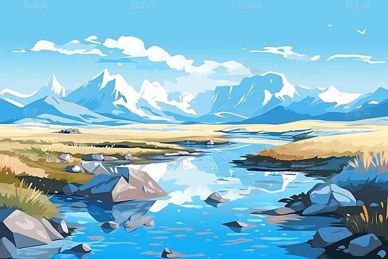 西藏风光手绘青藏高原插画