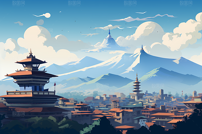 西藏风光人文高海拔插画