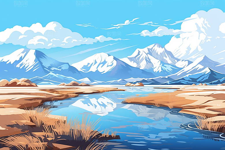 西藏风光雪山旅游插画
